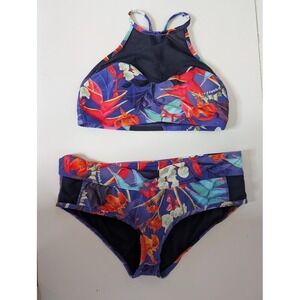 Athleta‎ Rio Macrame Two Piece Swimsuit Blue Red Floral Womens Medium Small